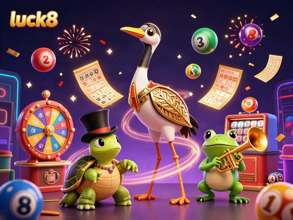 Experience thrilling fun with luck8 as colorful lottery balls bounce around a lively casino scene.