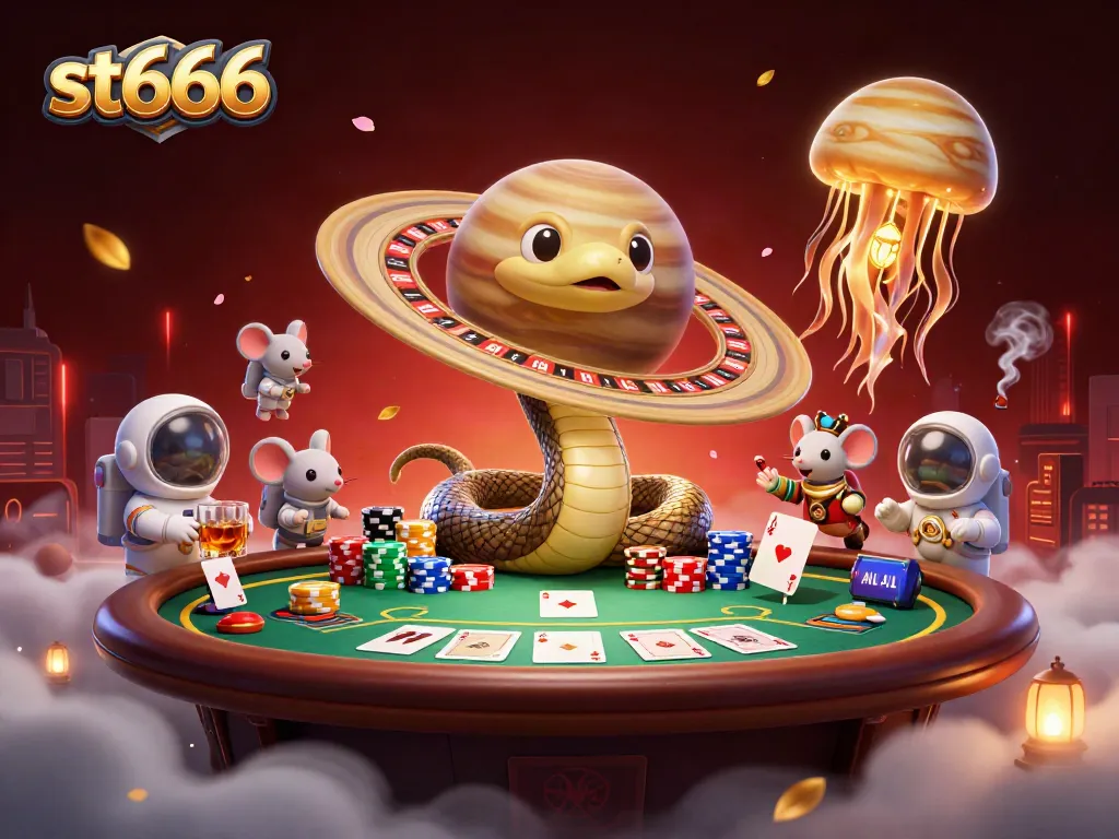 Bet and win with st666 in this vibrant 3D casino scene showcasing cosmic gaming elements.