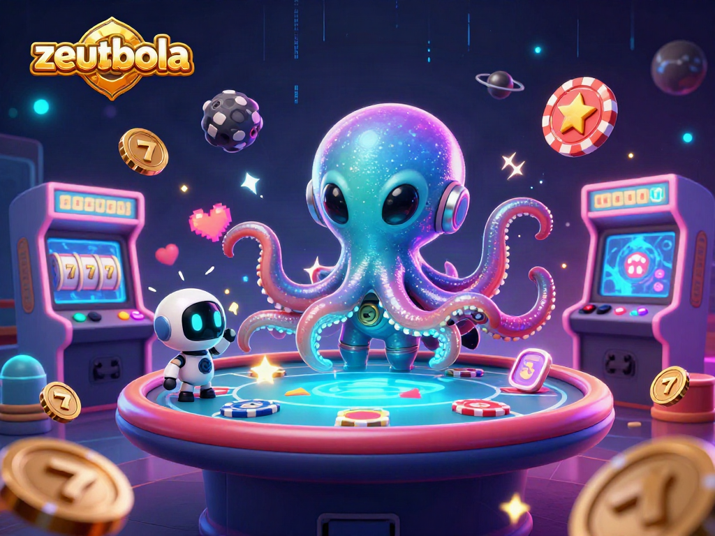 Bet and win with zeusbola, featuring a cartoon alien octopus at a holographic poker table in a vibrant casino.