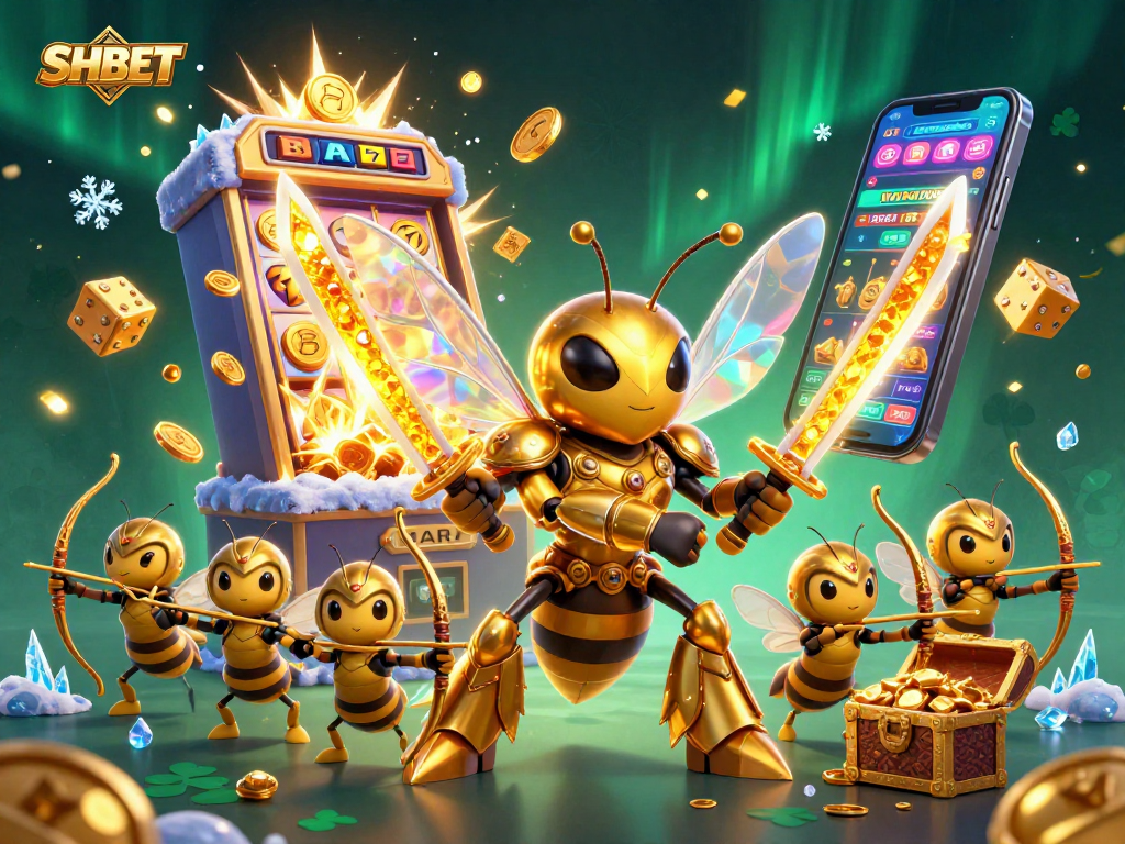 Join the excitement at SHBET with a vibrant 3D casino scene featuring a bold hornet and game symbols.