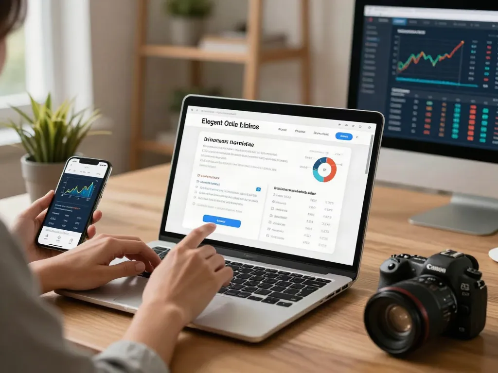 Antarmuka javaslot yang elegan pada laptop dengan pengguna yang berinteraksi melalui smartphone.