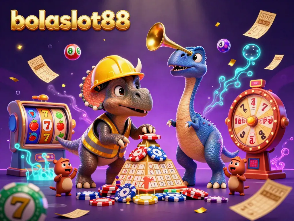 Bolaslot88 celebrates gaming with a lively scene featuring a triceratops and parasaurolophus amidst vivid casino elements.
