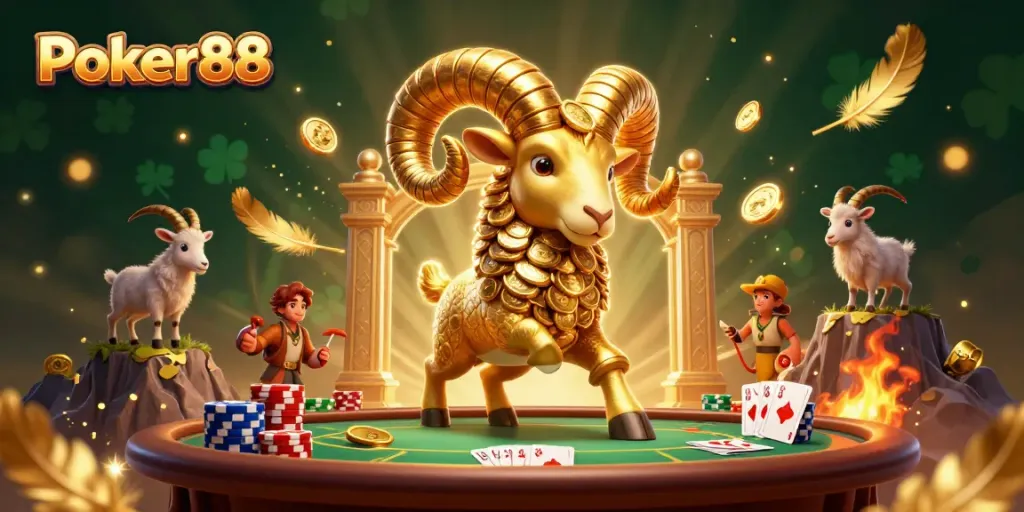 Engage in thrilling Poker88 action with a vibrant casino scene featuring a golden ram and poker elements.