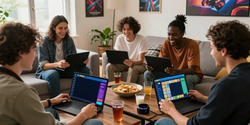 Bingo 101 app gameplay involving friends in a lively game night setting.