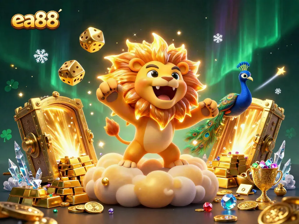 ea88 khai thác từng kho báu trong sòng bạc, với hình ảnh chú sư tử mặt trời và các đồng tiền vàng lấp lánh