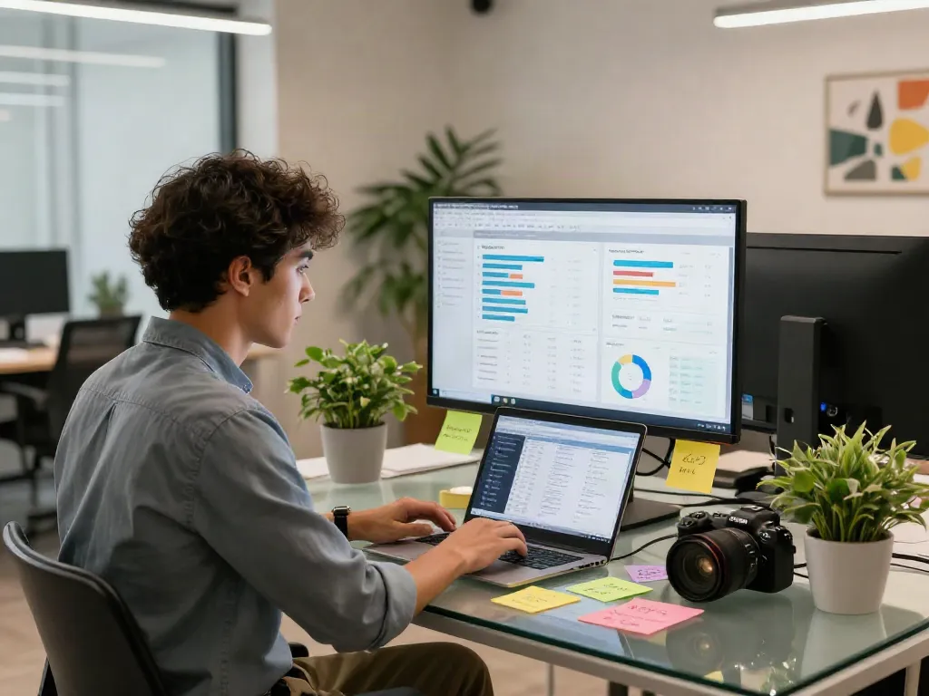 Analisis data kampanye digital marketing DEWI19 di ruang kerja modern.