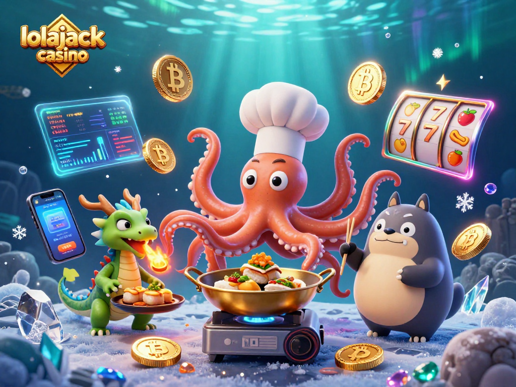 Experience the excitement of lolajack casino with an animated 3D scene featuring unique characters and game elements.