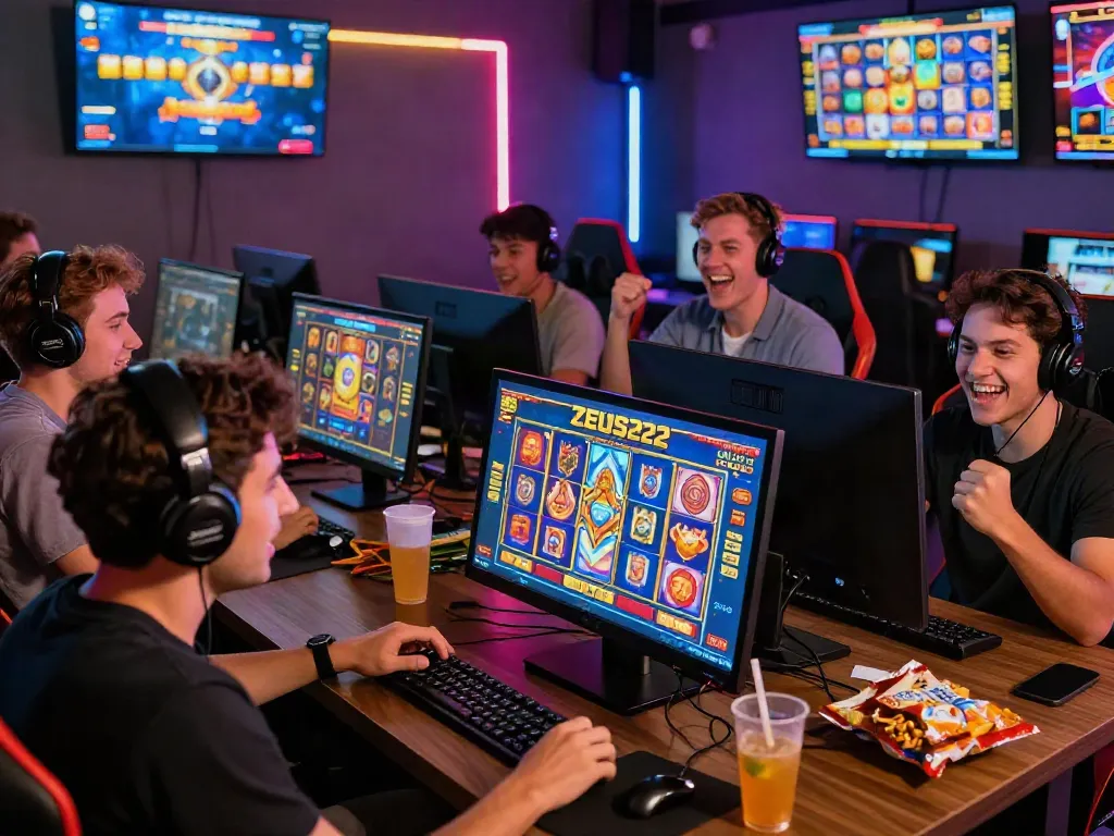ZEUS222: Para pemain bersemangat menikmati permainan slot online dalam suasana gaming yang hidup.