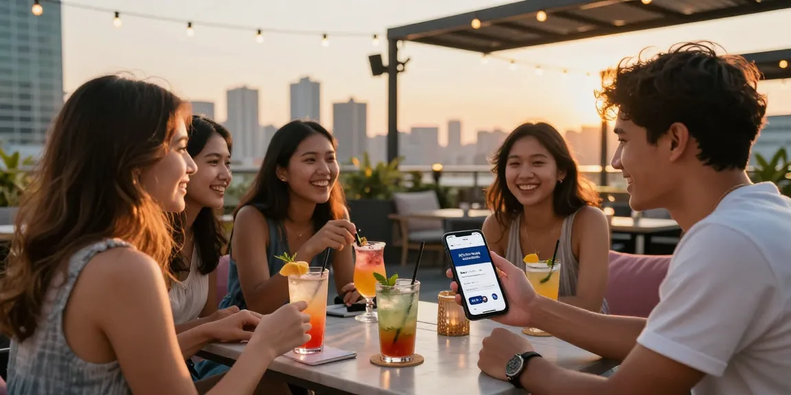 Social gathering at rooftop lounge discussing rokok88 alternatif with drinks and city view.