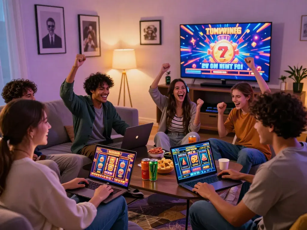 Friends enjoying luxury12 slots in a cozy gaming living room, celebrating wins together.