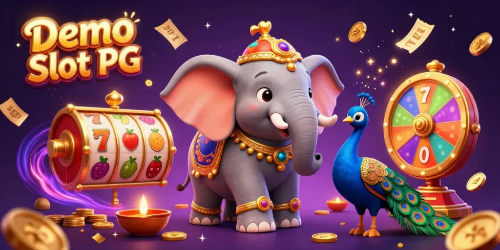 Engage in Demo Slot PG action with vibrant 3D artwork of a magical elephant and peacock in a colorful casino setting.