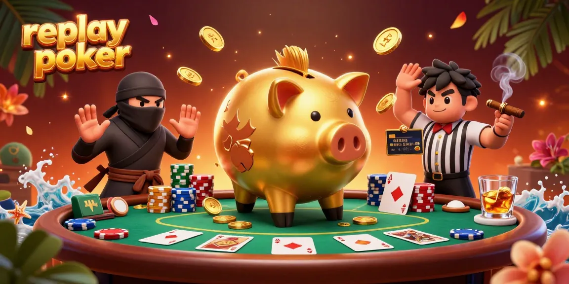 Replay poker action with a golden piggy bank sumo wrestler, wallet ninja, and credit-card referee in a vibrant scene.