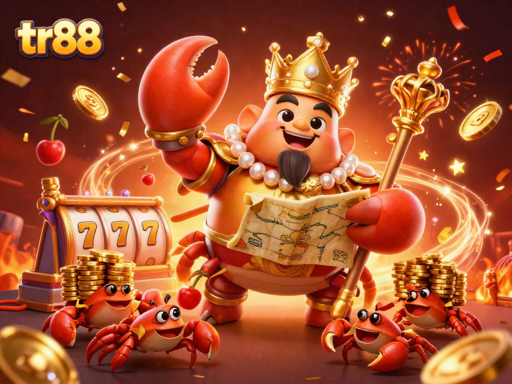 Win big with tr88 at a vibrant casino scene featuring a golden crab emperor and slot reels.