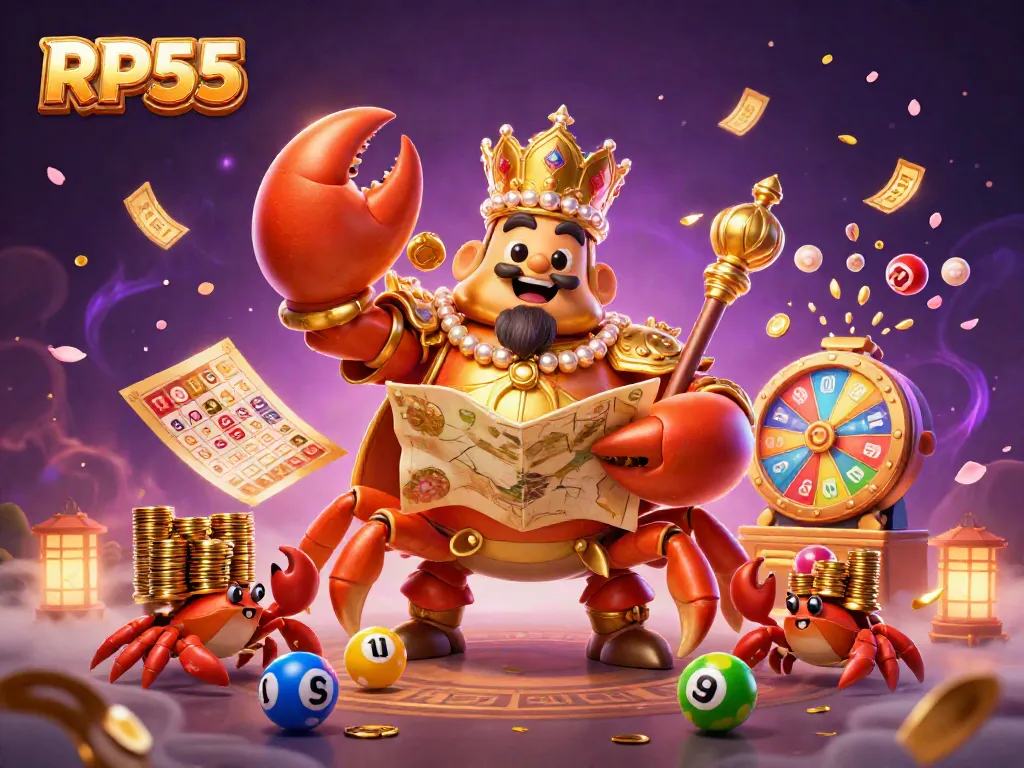 RP55 showcases a golden crab emperor in a vibrant casino scene filled with colorful lottery elements and treasures.