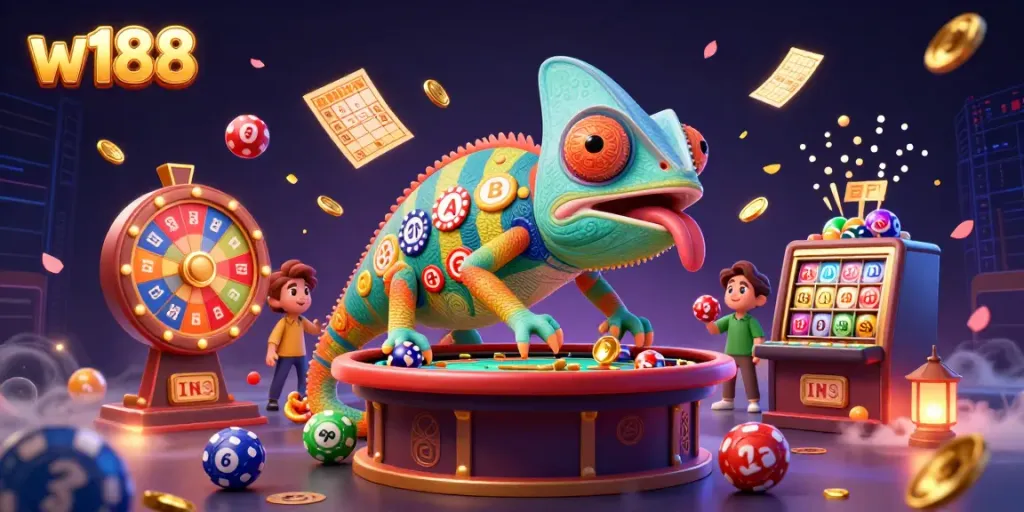 Experience the vibrant energy of w188, featuring a lively chameleon casino owner and dynamic lottery elements.