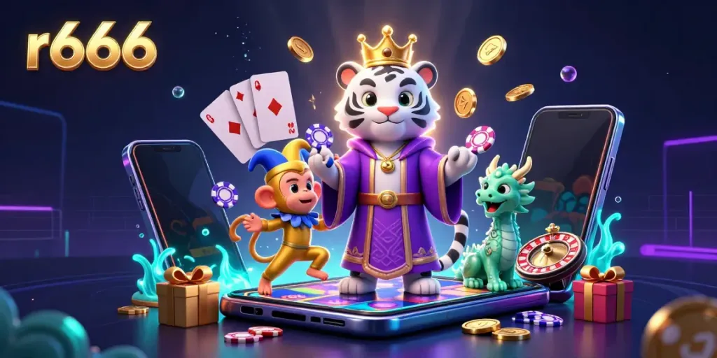 Experience r666's vibrant slot games with an elegant white tiger and captivating characters.