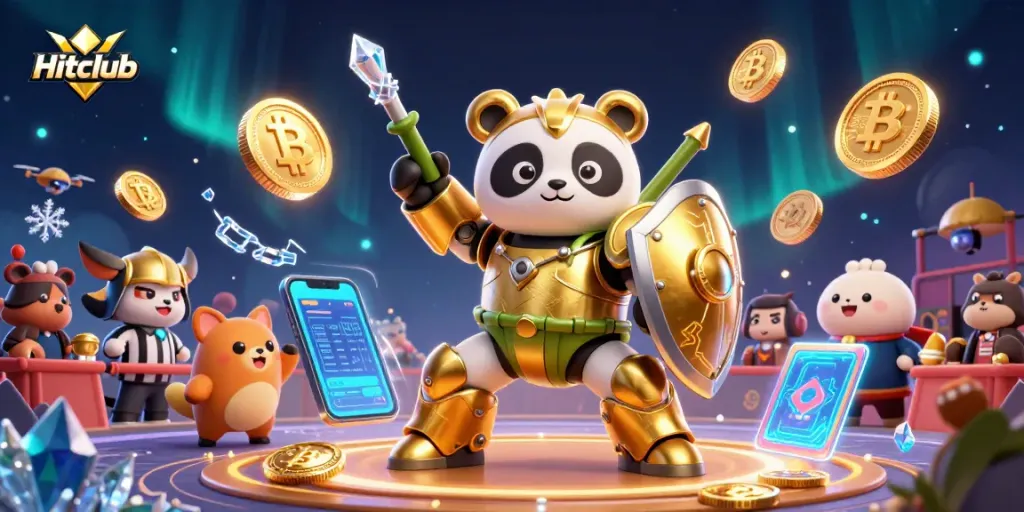 Hitclub showcases thrilling gaming action with blockchain elements in a colorful 3D scene.