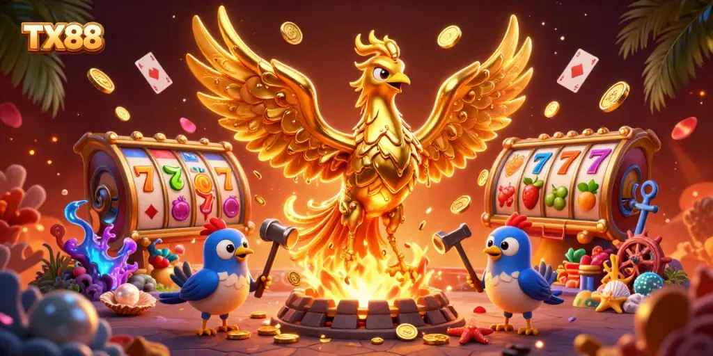Experience thrilling gameplay at TX88, featuring an energetic scene with a golden phoenix and dynamic casino elements.