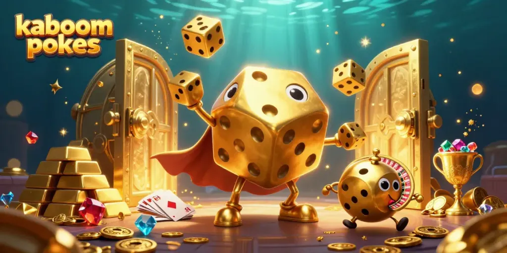 Experience the excitement of kaboom pokies with a vibrant, dynamic casino scene featuring gold treasures and animated characters.
