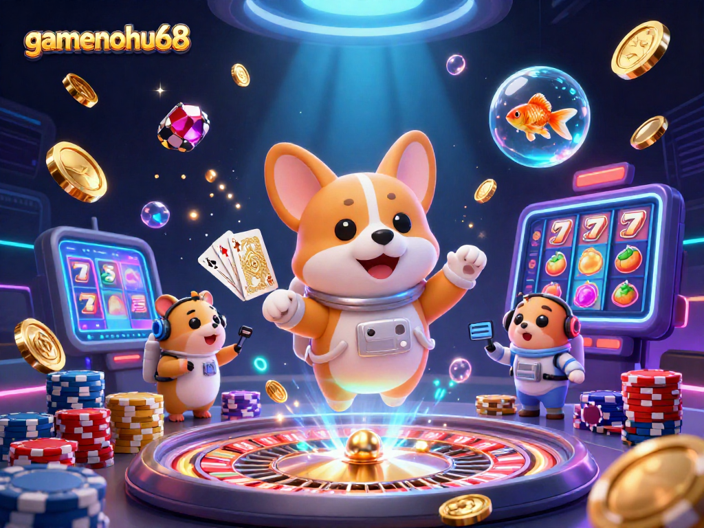 Experience the excitement of gamenohu68 as a cartoon corgi astronaut navigates a vibrant space casino.