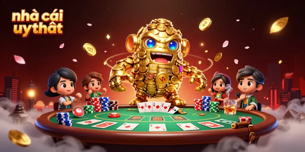Hình ảnh thể hiện Nhà cái uy tín trong thế giới cá cược, với nhân vật chính là một golem bằng vàng và các yếu tố cá cược thú vị.