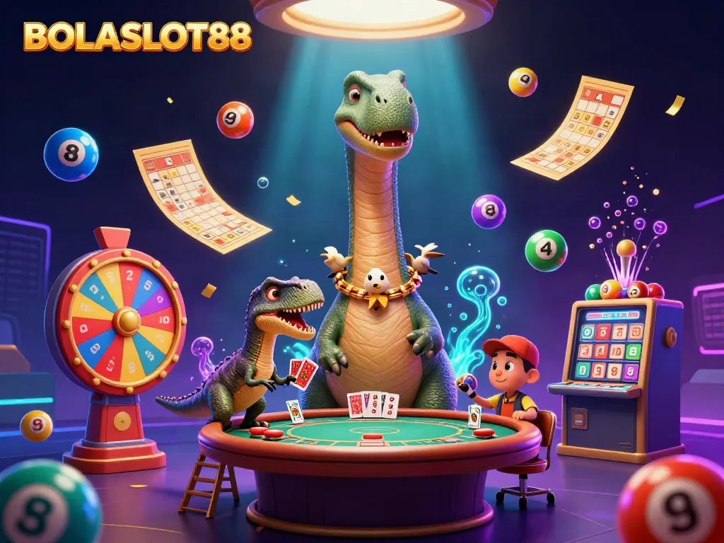 BOLASLOT88 showcases an exciting casino scene with a giant brontosaurus and charming characters dealing cards.