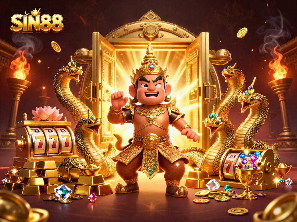 SIN88 enhances excitement with a vibrant illustration of a Thai guardian amidst gold and slot reels.