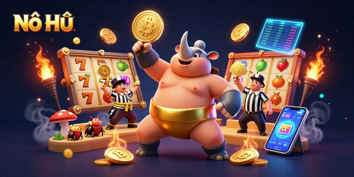 Nổ Hũ slot game action featuring a powerful rhinoceros beetle champion surrounded by vibrant graphics