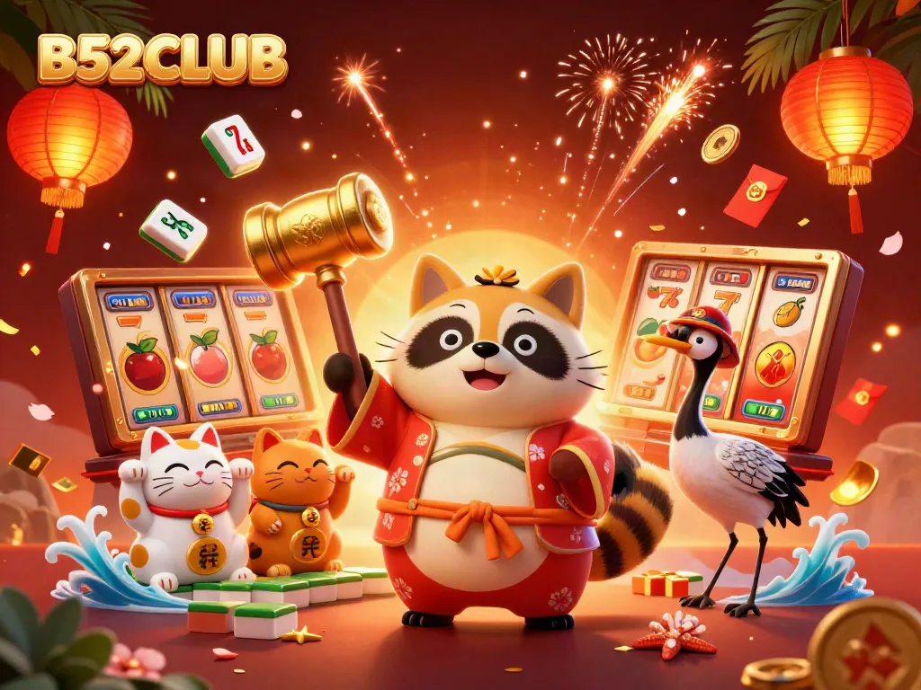 Experience thrilling moments with B52CLUB as cheerful characters engage in exciting gameplay surrounded by vibrant lucky symbols.