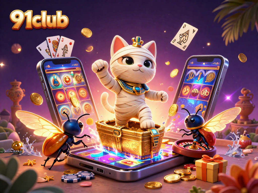 Spin to win with 91club in an exciting pyramid casino adventure featuring a mummy cat and scarab beetle.
