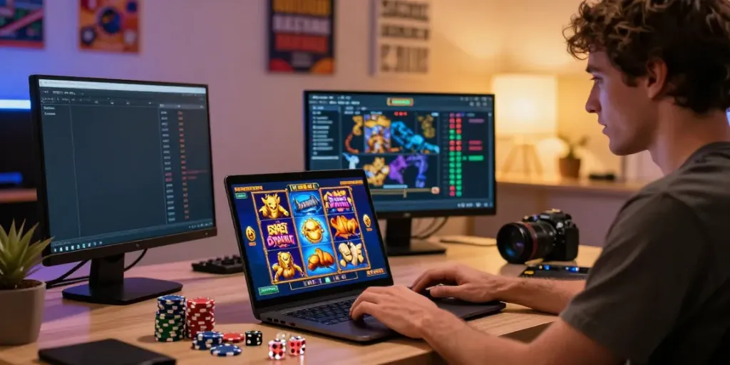 Player enjoying the responsive bro138 gaming experience on a laptop, surrounded by vibrant slot graphics and real-time data.