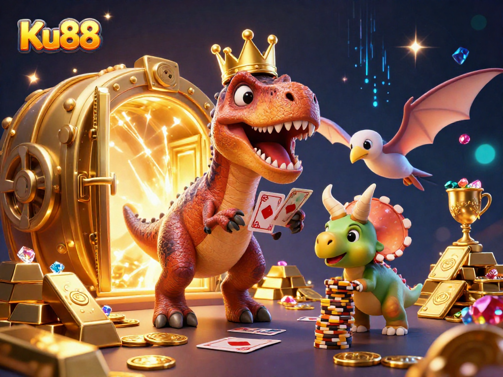 Engage with Ku88’s virtual casino featuring a friendly T-Rex and dynamic card shuffling.