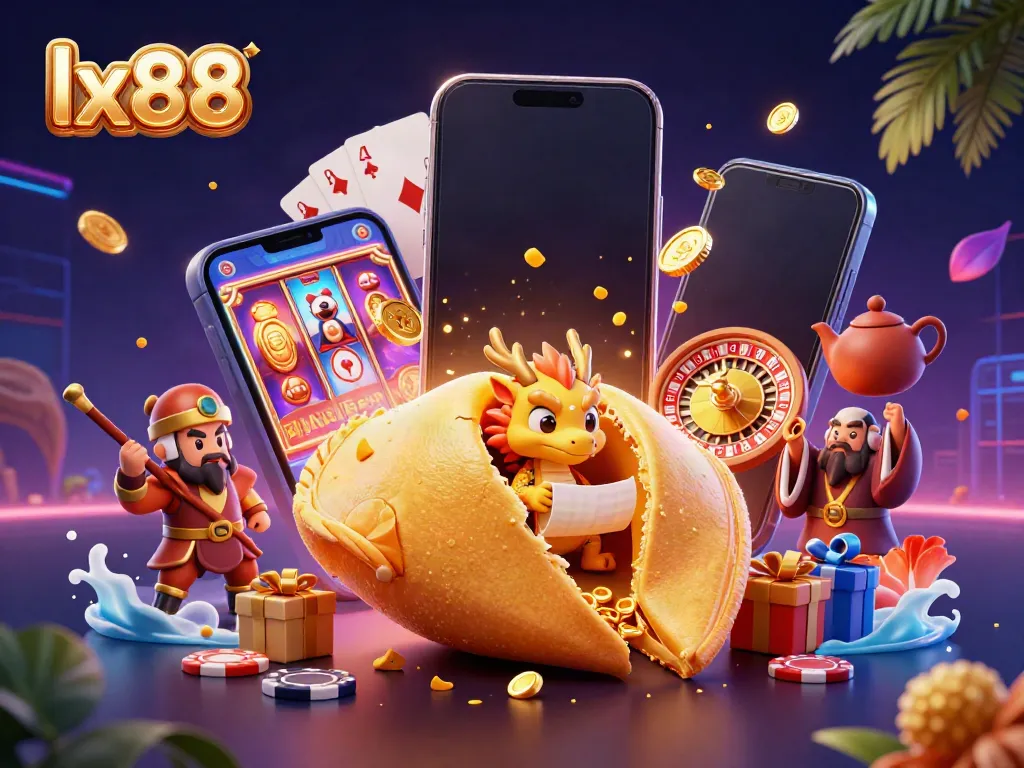 Engage with the vibrant lx88 casino world featuring a golden fortune cookie, a wise dragon, and dynamic gaming elements.