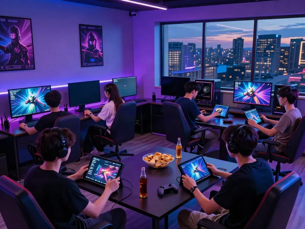 A80 gaming lounge scene with friends enjoying gaming on various devices.
