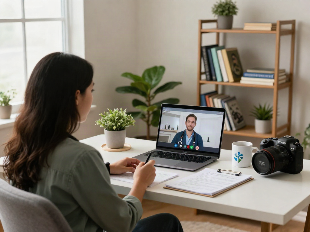 Online medical card Texas consultation in a cozy home office with a medical professional, highlighting a welcoming telehealth environment.