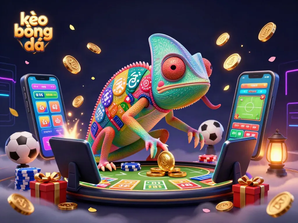 Engage in kèo bóng đá excitement with a colorful sports betting scene showcased by a chameleon casino owner.