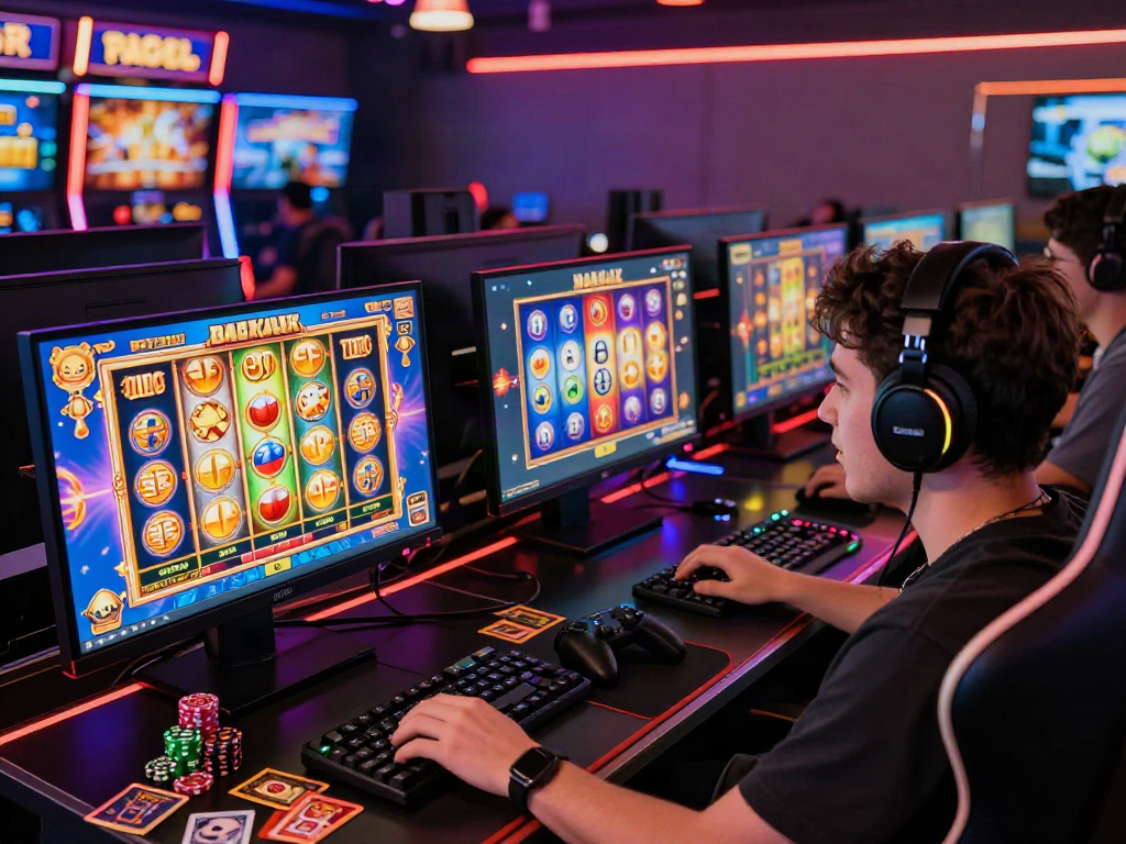 Engaged player at a vibrant online gaming setup featuring rutanslot with captivating slot game interfaces and energetic atmosphere.