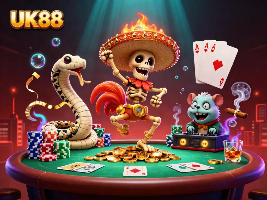 Join UK88's vibrant casino scene featuring a dancing skeleton mariachi amidst stacks of poker chips.