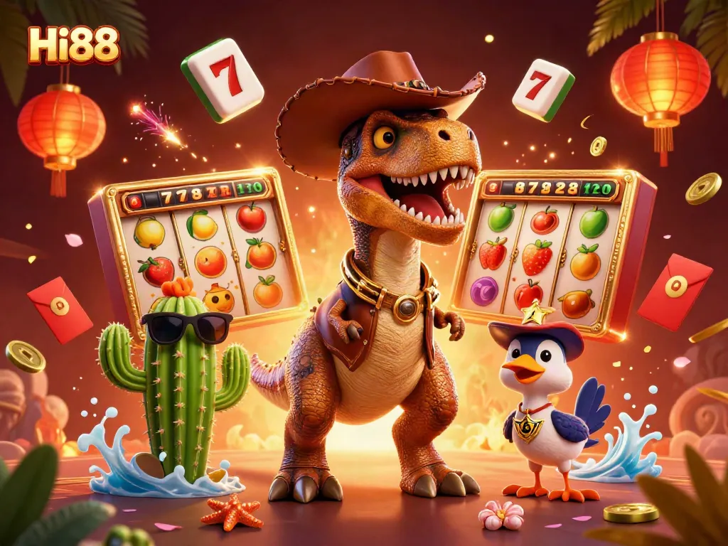 Engage with Hi88's online gaming excitement through vivid casino-themed characters and elements.