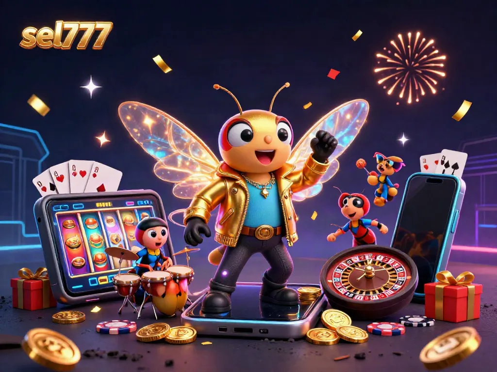 Engage with the vibrant energy of sel777 through a dynamic 3D illustration featuring a rock star cicada and gaming elements.