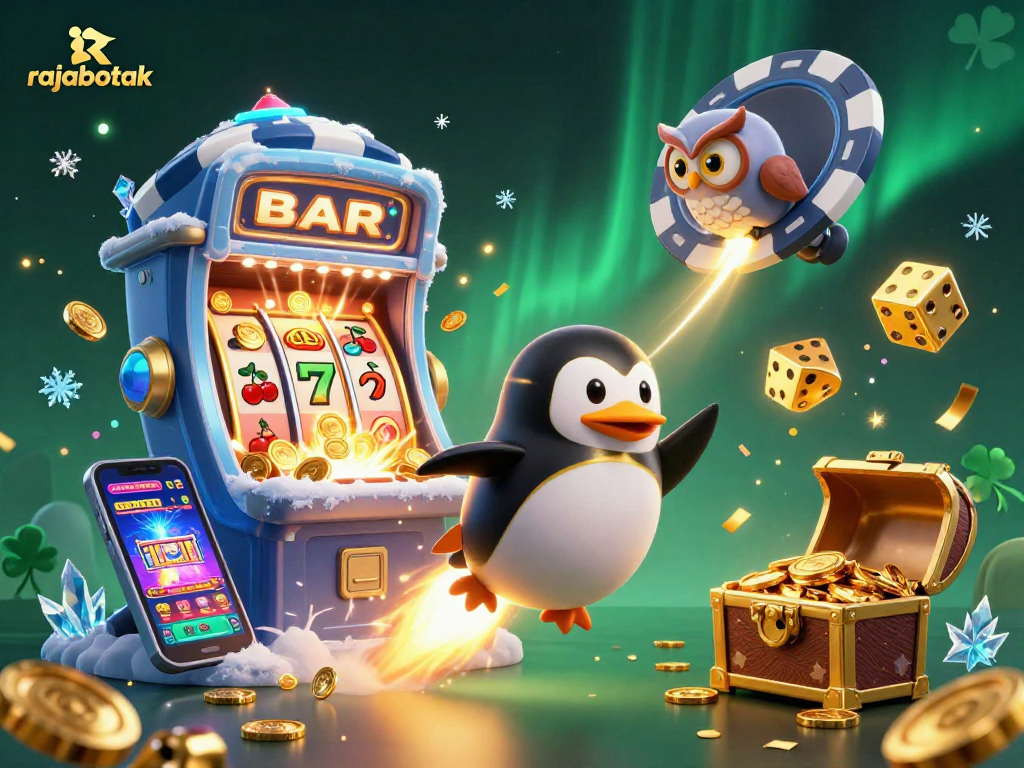 Engage with rajabotak's golden penguin leading a space casino adventure filled with thrilling jackpot excitement.