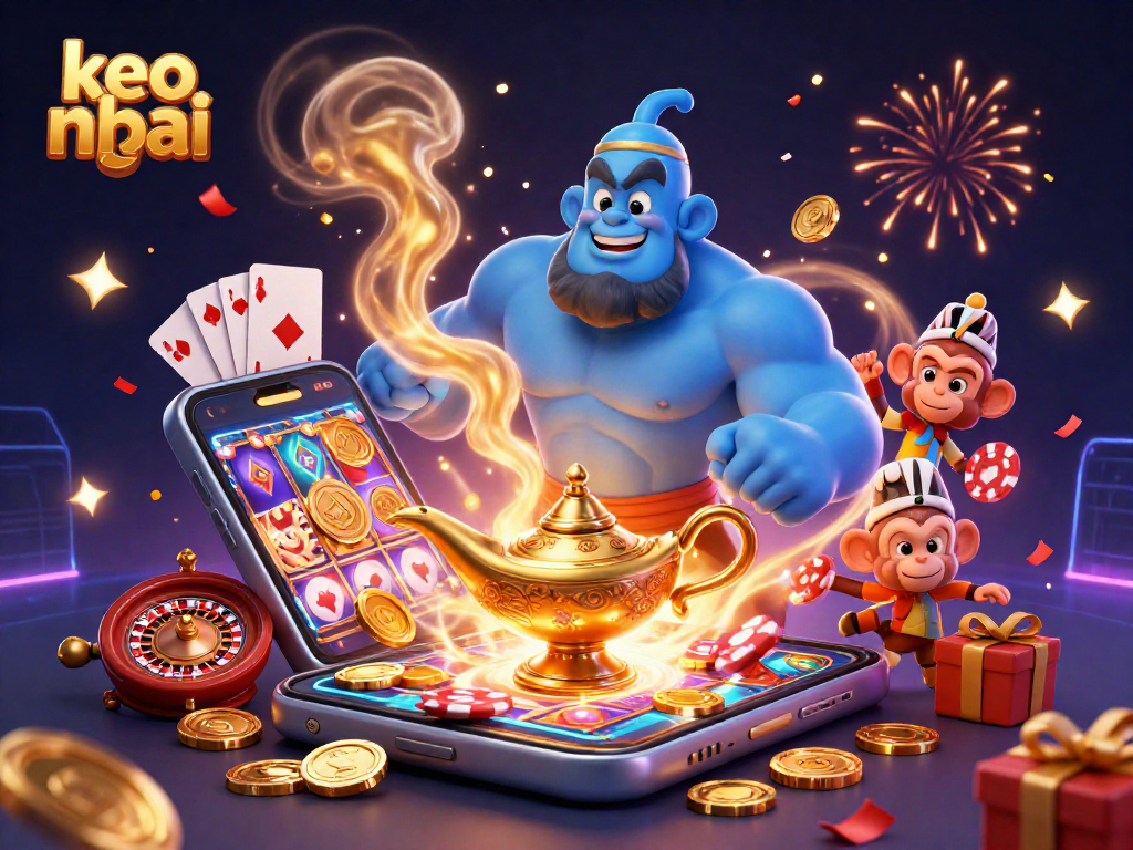 Engage with keo nha cai through a lively casino scene showcasing a genie, magic carpet and slot games.