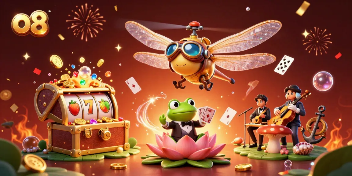 Immerse in o8's dazzling casino scene with a dragonfly pilot, frog dealer, and vibrant slot elements.