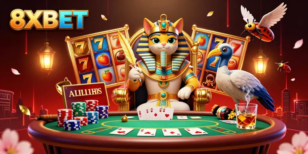 Experience vibrant gameplay at 8XBET with a dynamic casino scene featuring an Egyptian pharaoh cat and a thrilling jackpot.