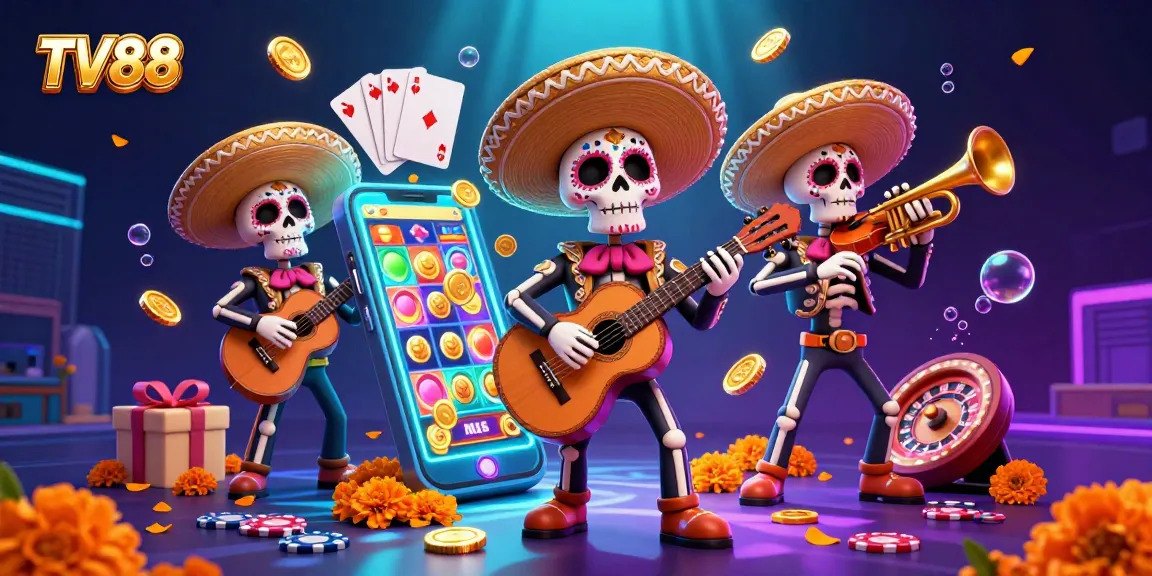 Experience the excitement at TV88 with vibrant Day of the Dead skeletons in a colorful casino scene.