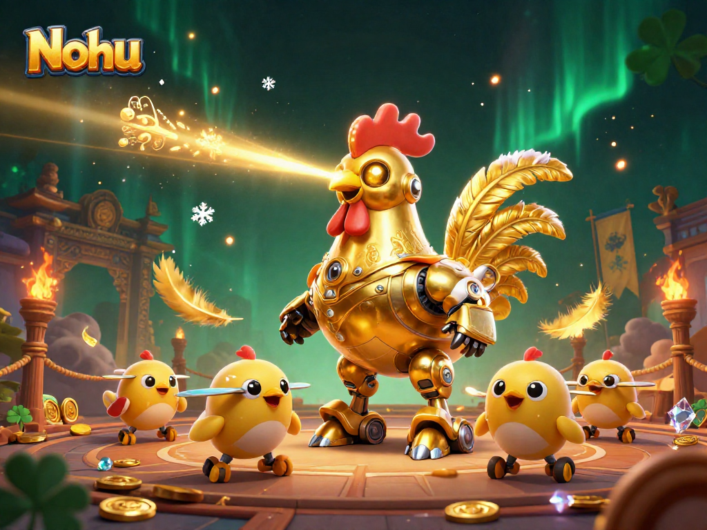 Nohu showcases an adventurous scene with a laser-engraving golden rooster robot and baby chick drones in a vibrant casino environment.