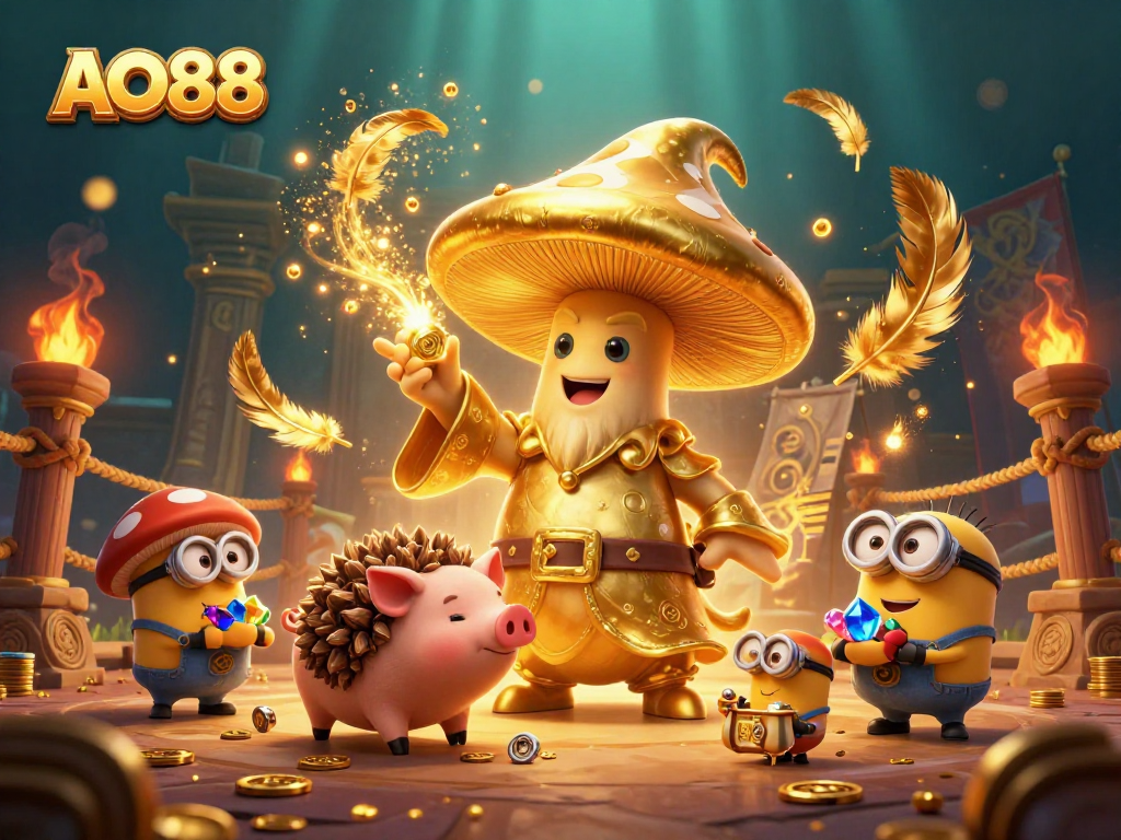 Experience thrilling gameplay at AO88 with a magical mushroom wizard and treasure-hunting pig in an enchanting casino scene.