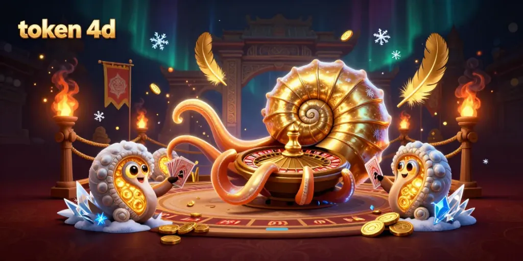 Menangkan jackpot dengan token 4d di kasino online, menghiasi scene dengan nautilus dan koin emas.