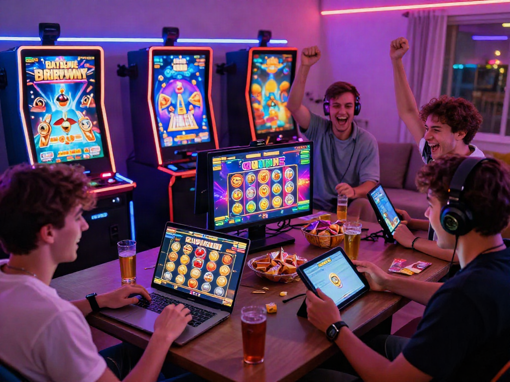Excited players enjoying slot gacor gaming experience on multiple devices.