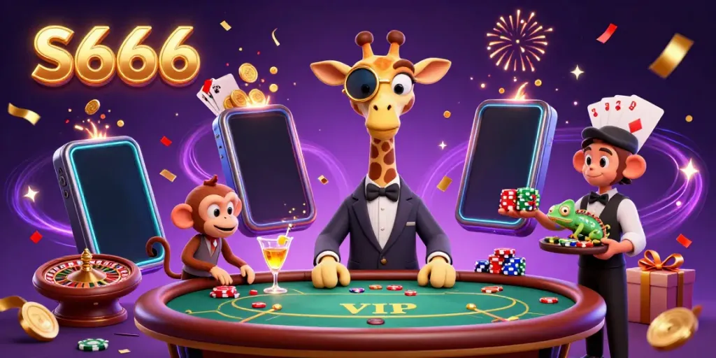 Experience the excitement at S666 with high-roller giraffe, monkey valet, and chameleon bartender in a dynamic casino atmosphere.